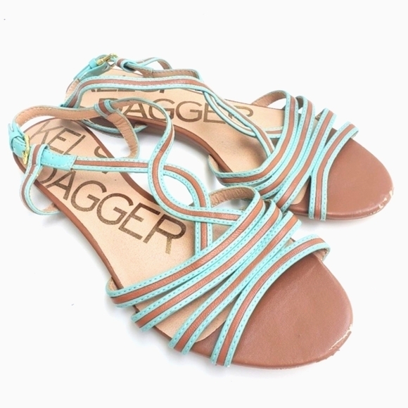 Kelsi Dagger Strappy Sandals w/Backstrap Leather Tan Aqua Boho Flats - Picture 1 of 8